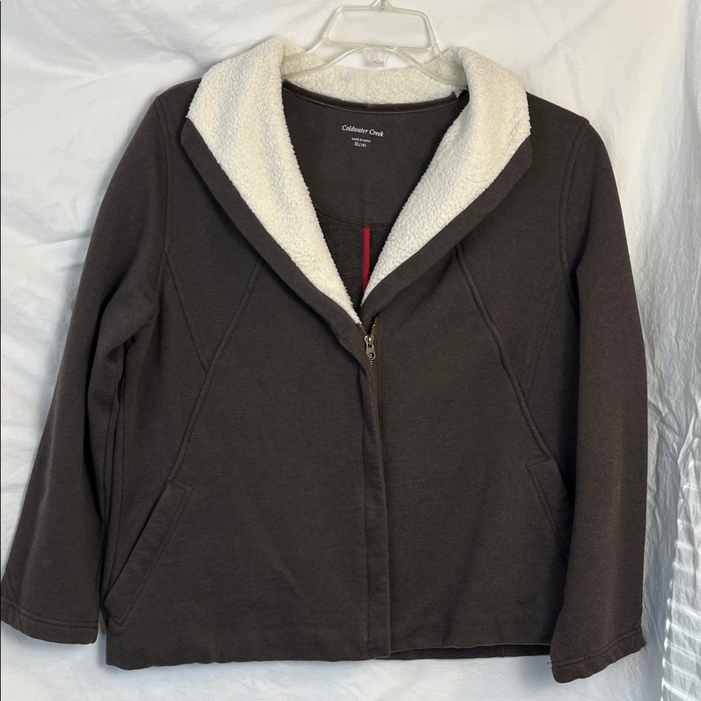 Coldwater Creek Dark Brown Teddy Jacket with Cream Sherpa Collar Size XL